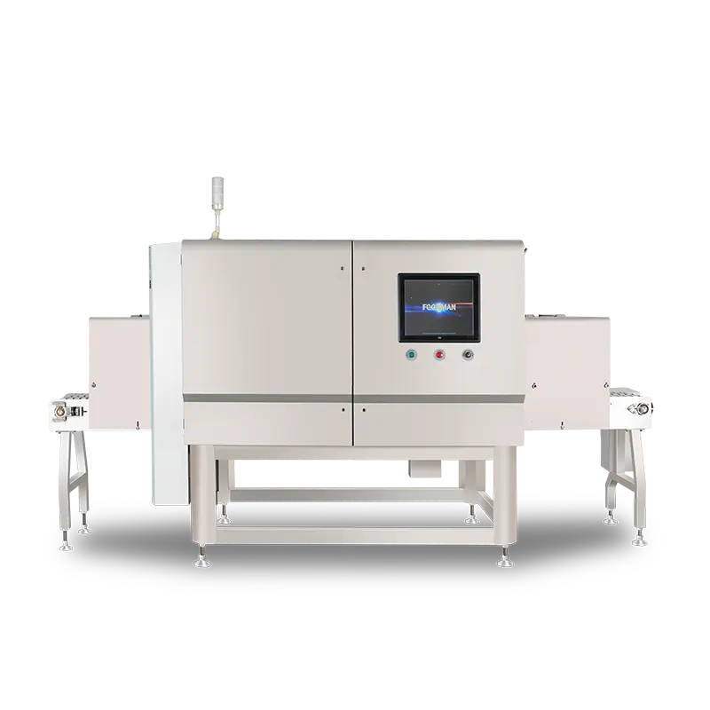 Dual beam X-ray machine scanning food products from two angles for complete contaminant detection