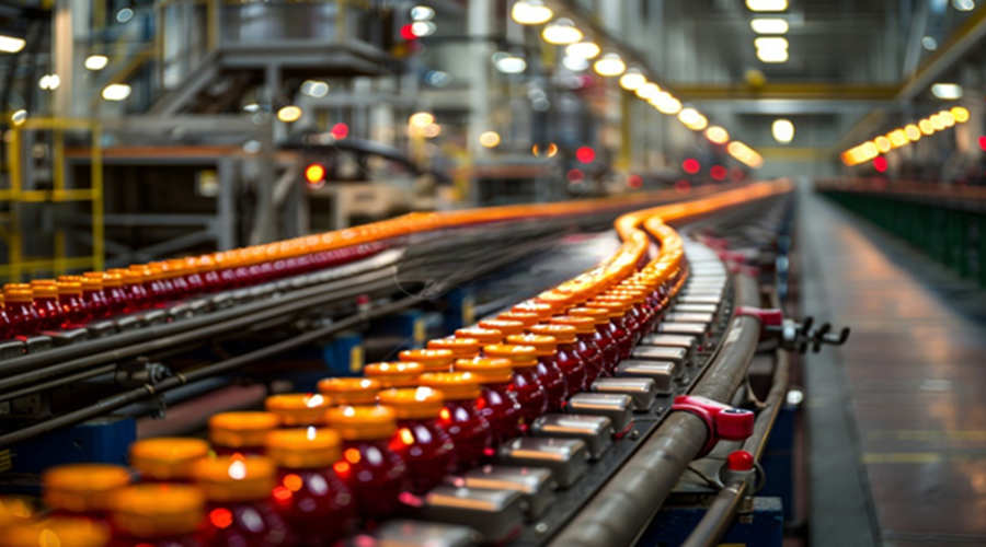 Canned food production line with metal cans passing through X-ray inspection system for contaminant detection