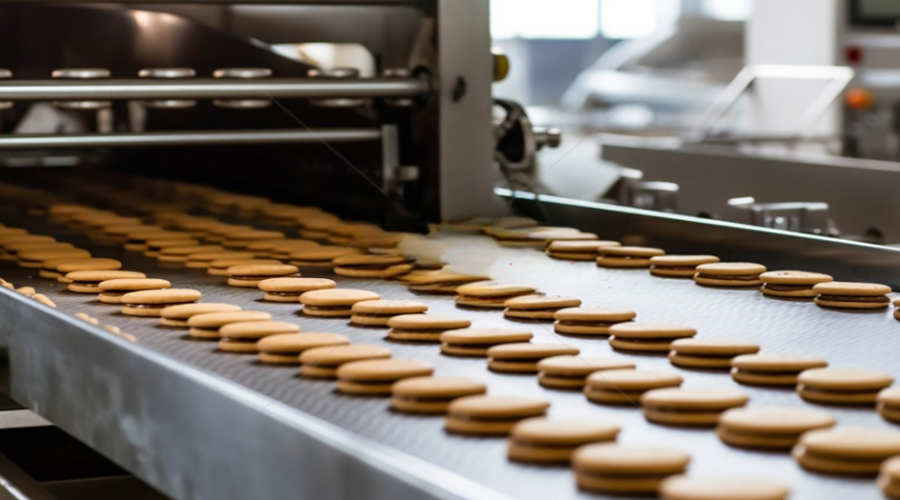 Biscuit production line with baked cookies moving on conveyor toward X-ray inspection zone