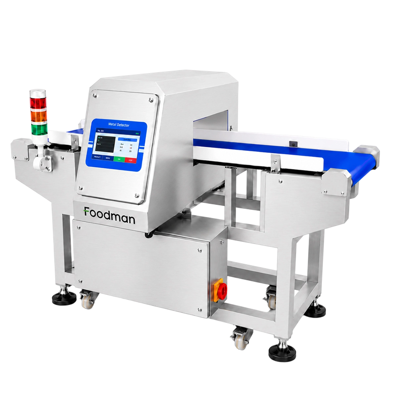 Foodman metal detector right side view with control cabinet, cable ports, and pneumatic reject system