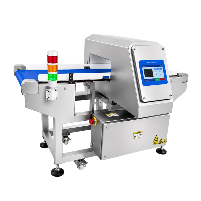 Foodman metal detector left side view showing conveyor belt direction, reject mechanism, and side-access panels