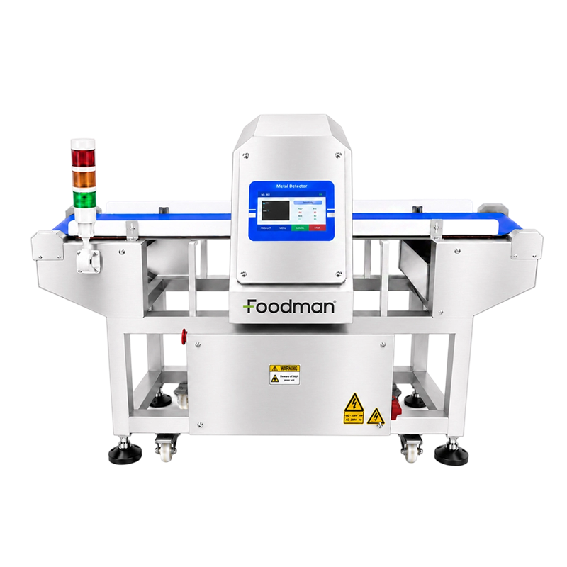 Industrial metal detector with stainless steel conveyor and touchscreen control panel for food processing line