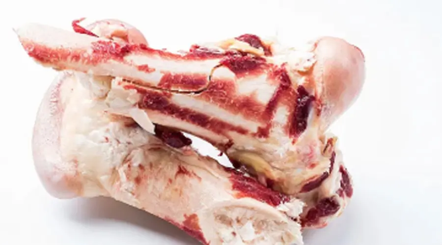 Raw meat with visible bone fragment representing contaminant risk in meat and seafood processing