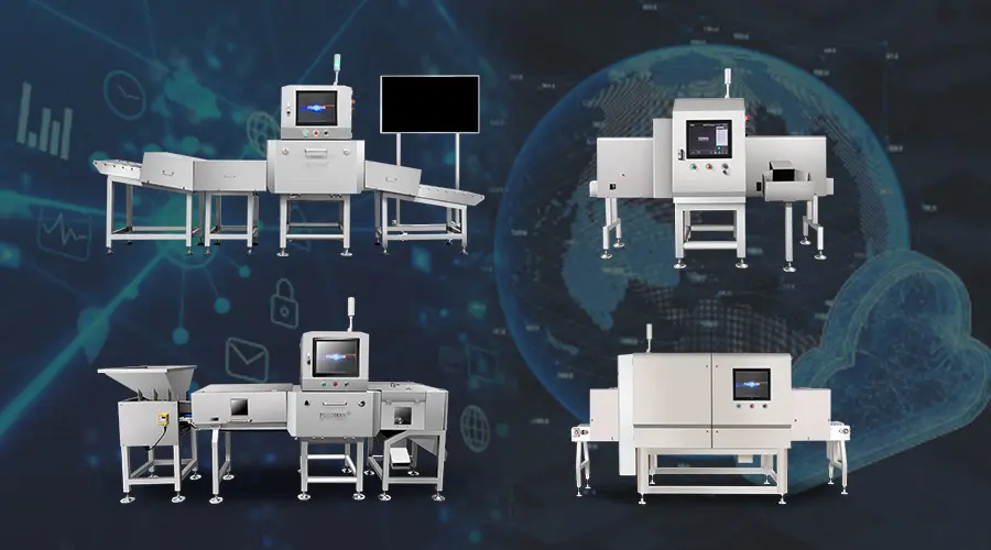 Various X-ray inspection system configurations including conveyorized, pipeline, and free fall models