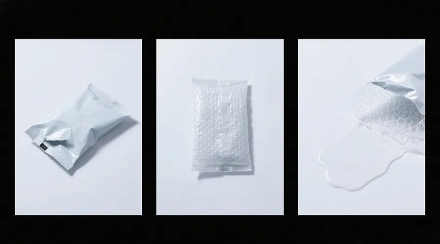 Assorted packaged food products including pouches, trays, cartons, and plastic containers passing through X-ray inspection
