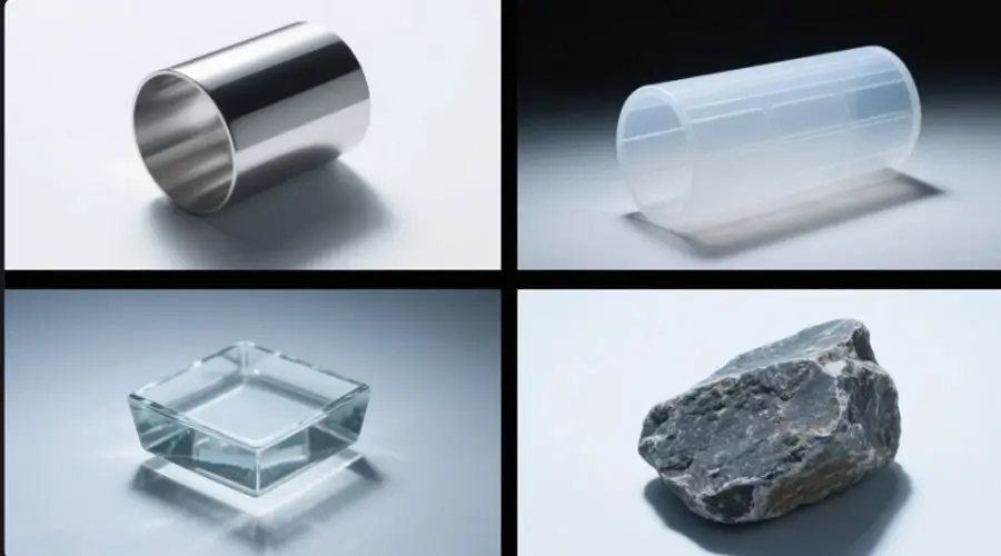 X-ray image showing various contaminants in packaged food including metal, glass, stone, bone, and dense plastic