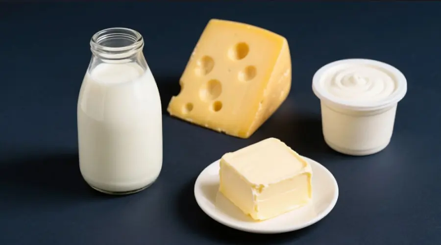 Dairy products including milk, cheese, yogurt, and butter for quality inspection