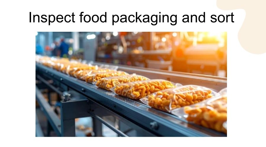 Concept graphic showing an automated vision system inspecting food packages, contrasted with a refusal icon for manual sorting.