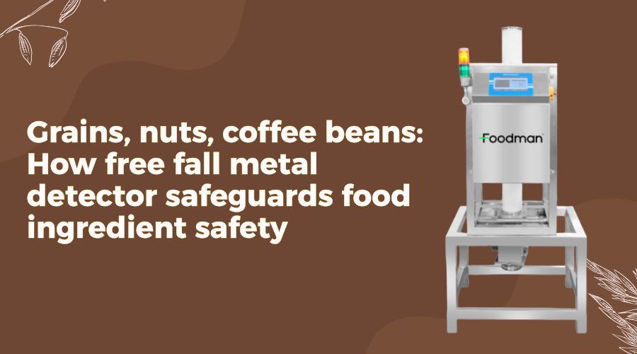 Free fall metal detector inspecting grains, nuts, and coffee beans in a food processing facility