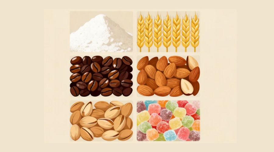 Assorted bulk food ingredients including grains, coffee beans, and nuts for free fall metal detection