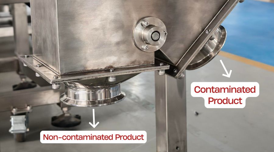 Cutaway view of reject valve mechanism in free fall metal detector showing product diversion paths