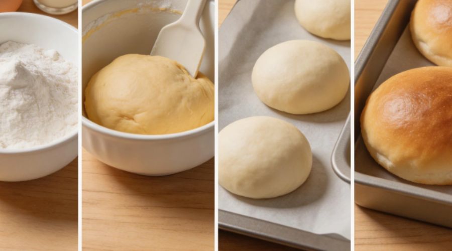 Complete baking production flow from flour input to finished bread with metal detectors at each critical control point