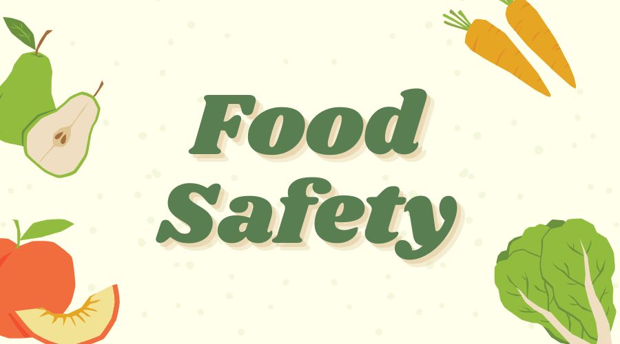 Food safety concept with shield symbol protecting various food products including meat, dairy, and bakery items