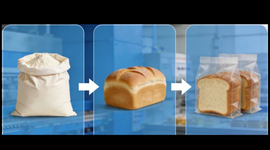 Food production line from raw flour to baked bread to packaged products with X-ray inspection at multiple stages
