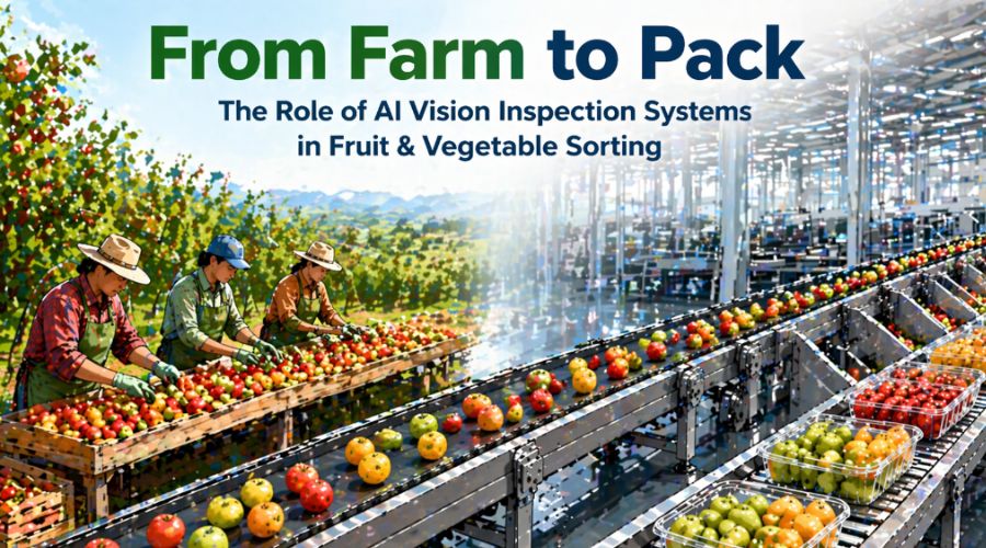 AI vision inspection system sorting fresh fruits and vegetables on high-speed processing line from farm to packaging
