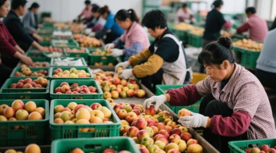 Workers manually inspecting and sorting fresh fruits by hand one by one on slow processing line