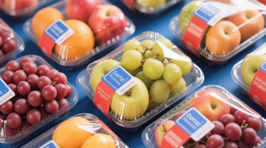 Packaged fresh fruits of uniform size, color, and quality ready for retail shipment after AI vision sorting