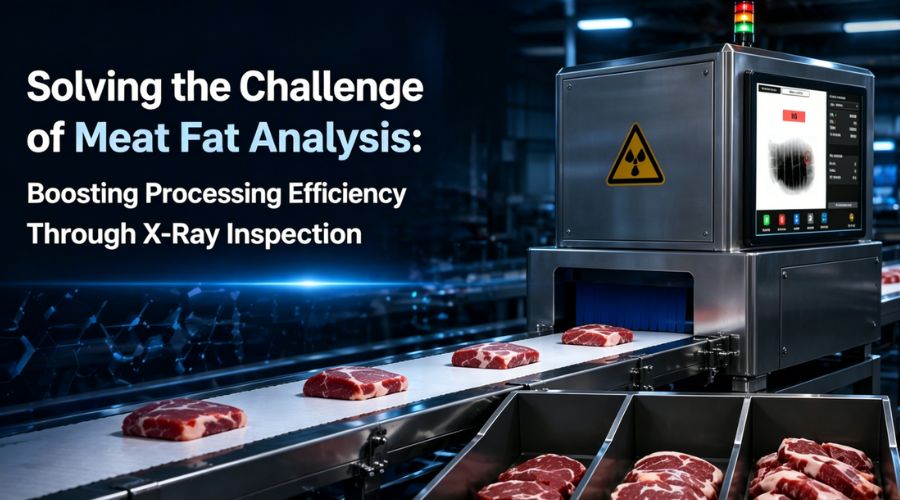Foodman X-ray fat analysis system inspecting fresh meat on processing line for lean-to-fat ratio measurement