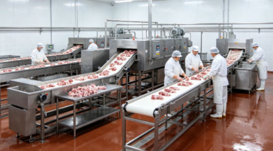 Panoramic view of clean modern meat processing facility with conveyor lines and stainless steel equipment