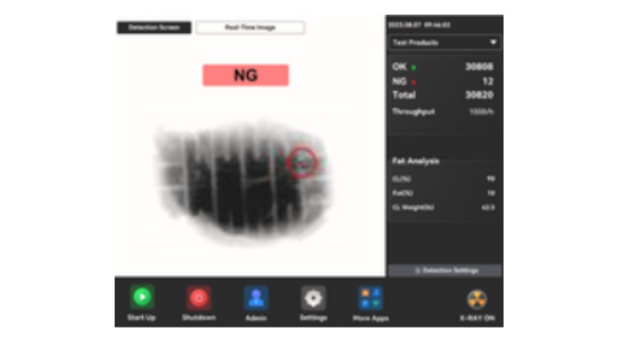 X-ray operator screen displaying meat fat analysis results with lean percentage, fat percentage, and rejection threshold