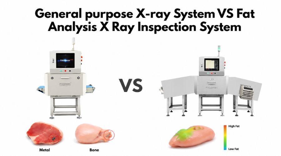 Side-by-side comparison chart showing standard X-ray for metal/bone detection versus advanced X-ray for fat analysis plus contaminant detection