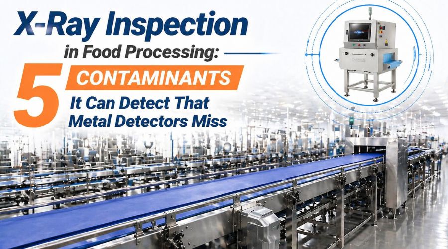 X-ray inspection system detecting glass, stone, bone, dense plastic, and rubber contaminants in food products
