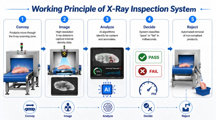 Diagram illustrating X-ray generator emitting rays through food product to detector array for contaminant identification