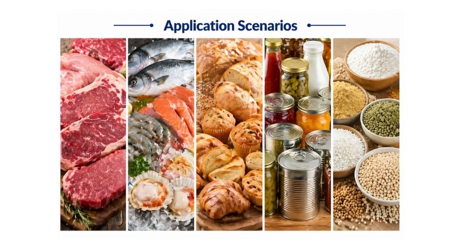 Collage of X-ray inspection applications including meat, dairy, bakery, seafood, beverages, and prepared meals
