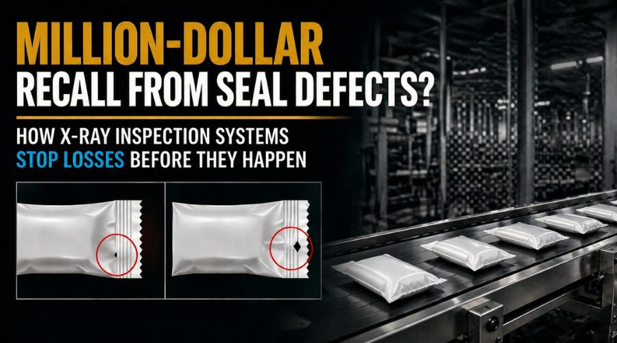 X-ray inspection system detecting seal defects on packaged food products with recall prevention overlay text