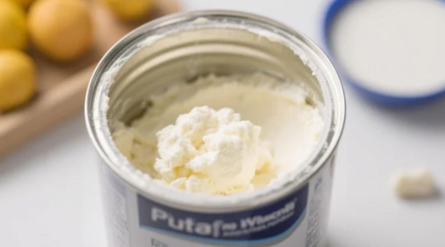 Opened milk powder can showing clumping, hardening, and discoloration caused by compromised seal