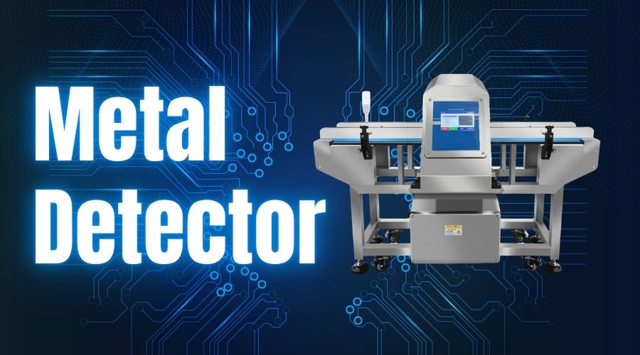 Industrial metal detector with conveyor system scanning packaged poultry products for metal contaminants