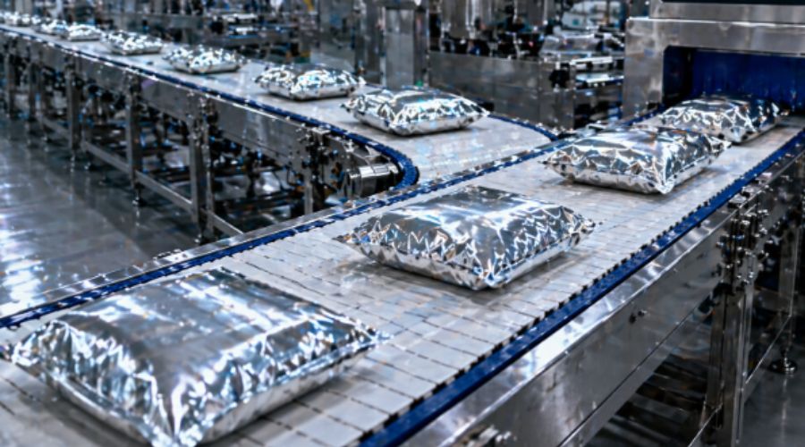 High-speed production line with aluminum foil packaged food products passing through X-ray inspection system for seal integrity verification