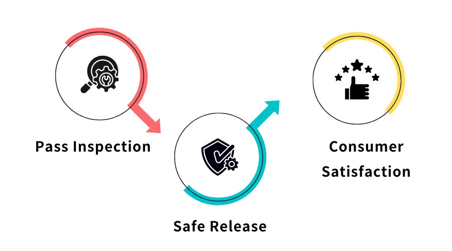 Simple flow diagram showing poultry product passing metal detection, receiving safe release, and achieving consumer satisfaction