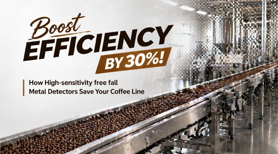 High-sensitivity free fall metal detector for coffee line with efficiency boost text overlay