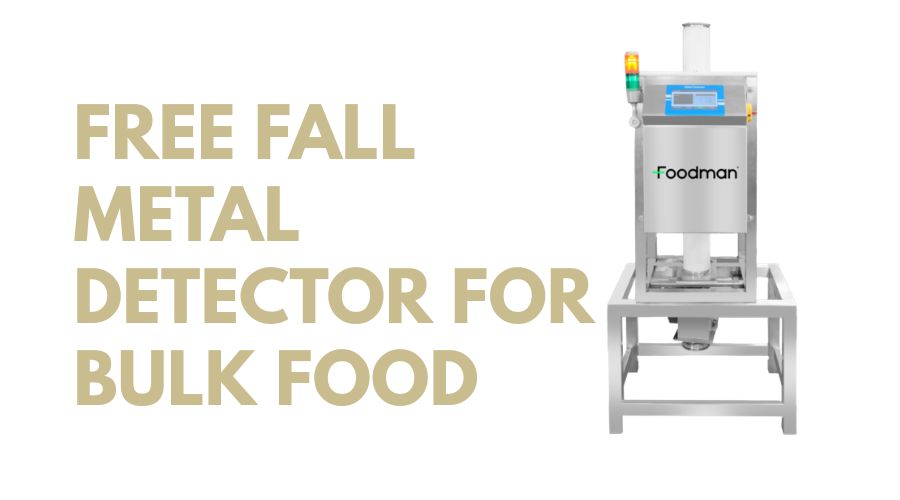 Free fall metal detector with vertical housing and inspection zone for bulk coffee processing