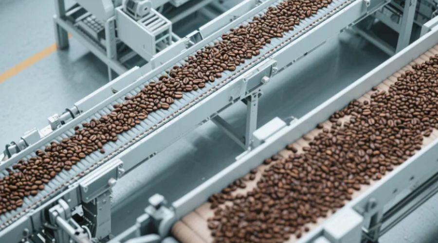 Coffee production line from roasting to packaging with integrated free fall metal detector at critical control point