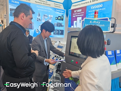 Foodman integrated checkweigher and metal detector combination machine on display at interpack 2026