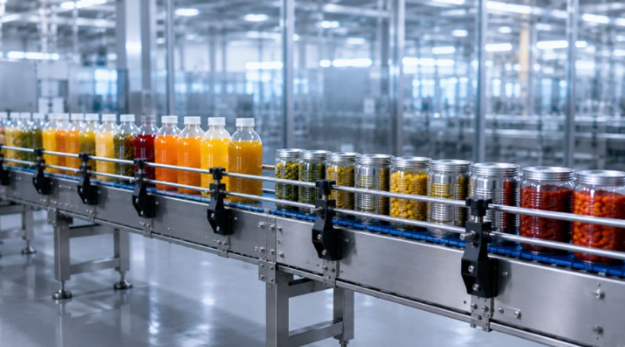 High-speed production line with dual beam X-ray inspection system scanning bottles and cans at multiple points