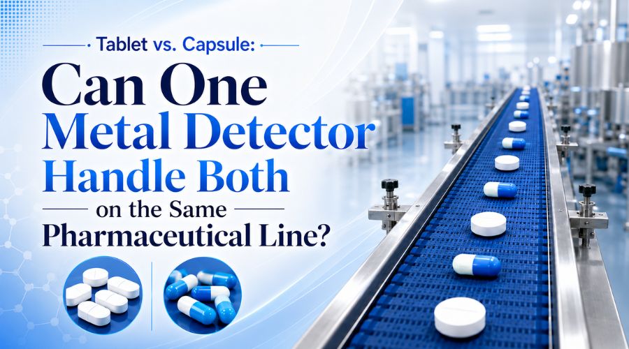 Metal detector inspecting both tablets and capsules on same pharmaceutical production line