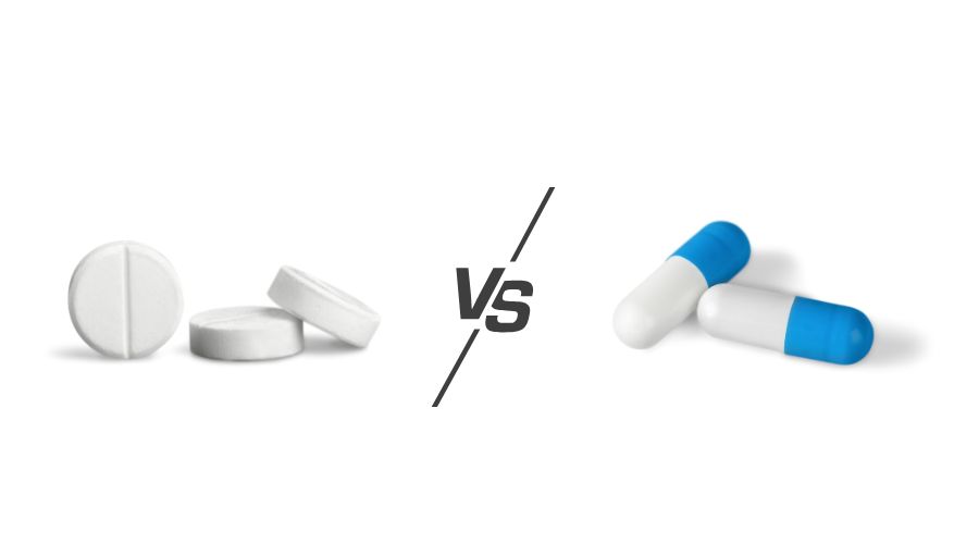 Side-by-side comparison of round tablets and two-piece hard capsules on a conveyor