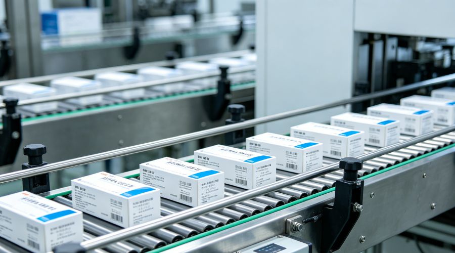 Pharmaceutical blister packs and bottles moving through metal detector after filling