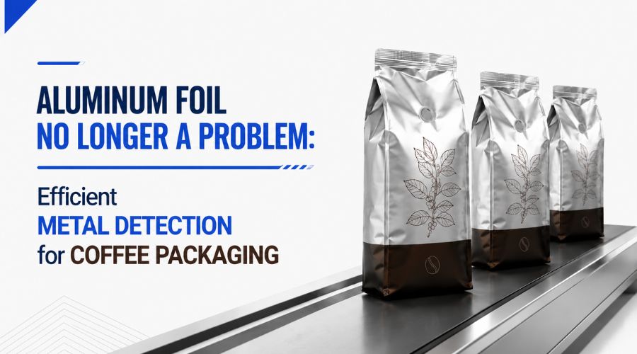 Metal detector inspecting aluminum foil coffee packaging on production line