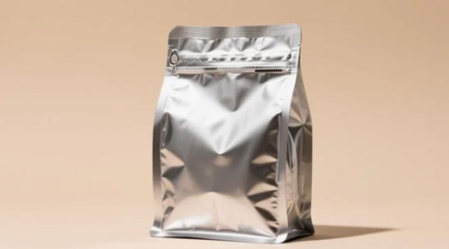 Aluminum foil coffee packaging bags standing on shelf with metallic finish