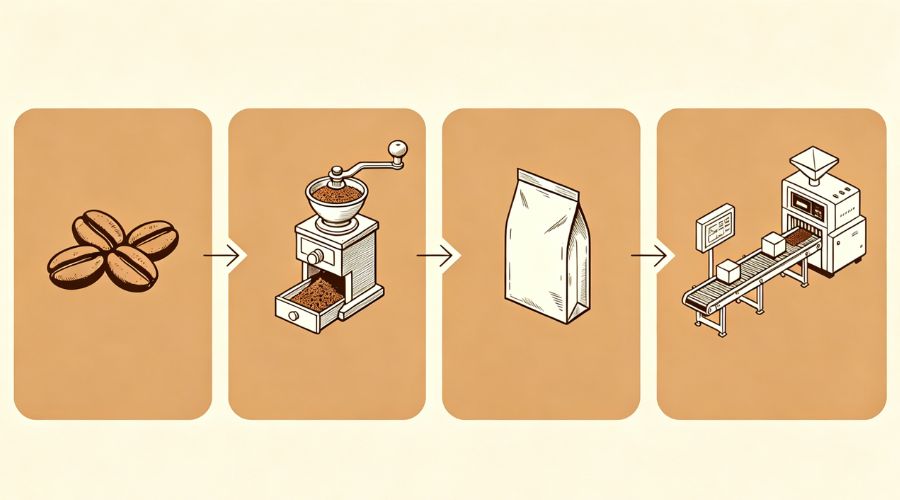 Simple diagram of coffee supply chain from farm to roasting to grinding to packaging to metal detection