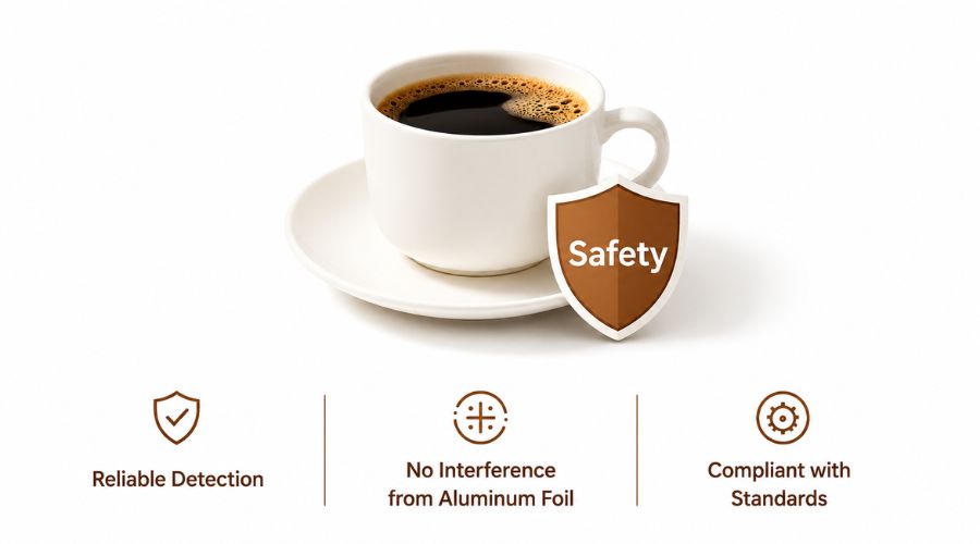 Hot coffee cup with safety shield symbol representing contaminant-free coffee