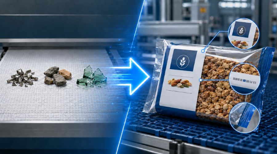 Visual transition from metal, glass, and stone contaminants to label, coding, and seal inspection icons