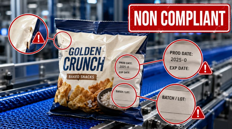 Example of defective packaging showing crooked label, missing date code, and incomplete lot number