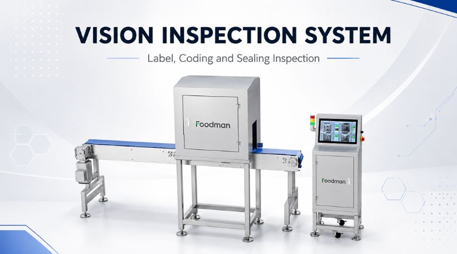 Foodman vision inspection system with high-resolution cameras inspecting labels, date codes, and heat seals on packaged products