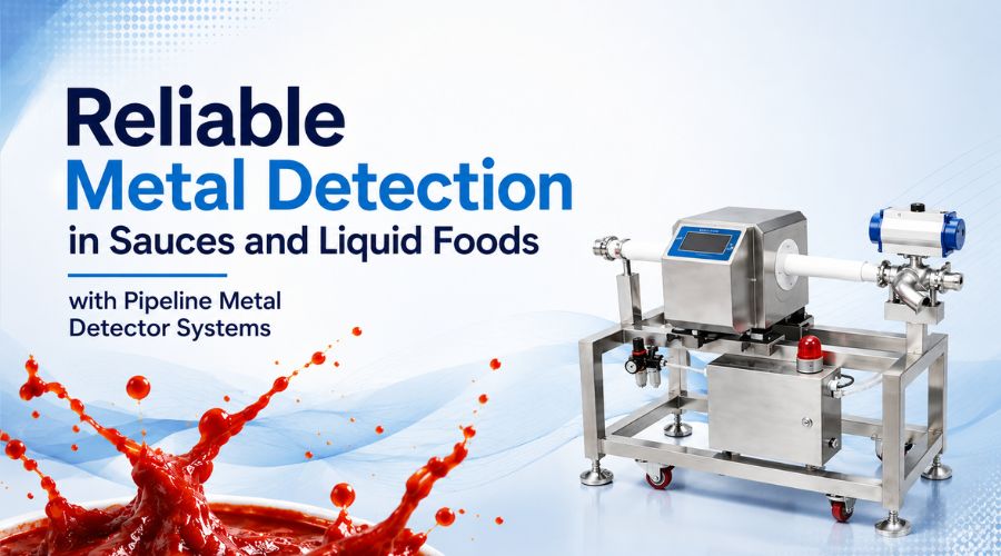 Pipeline metal detector system installed on stainless steel piping inspecting flowing sauce and liquid food products
