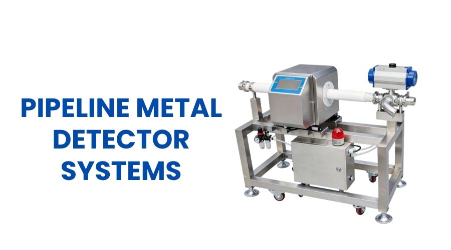Industrial pipeline metal detector with flanged connections, inspection head, and automatic reject valve for contaminated flow diversion